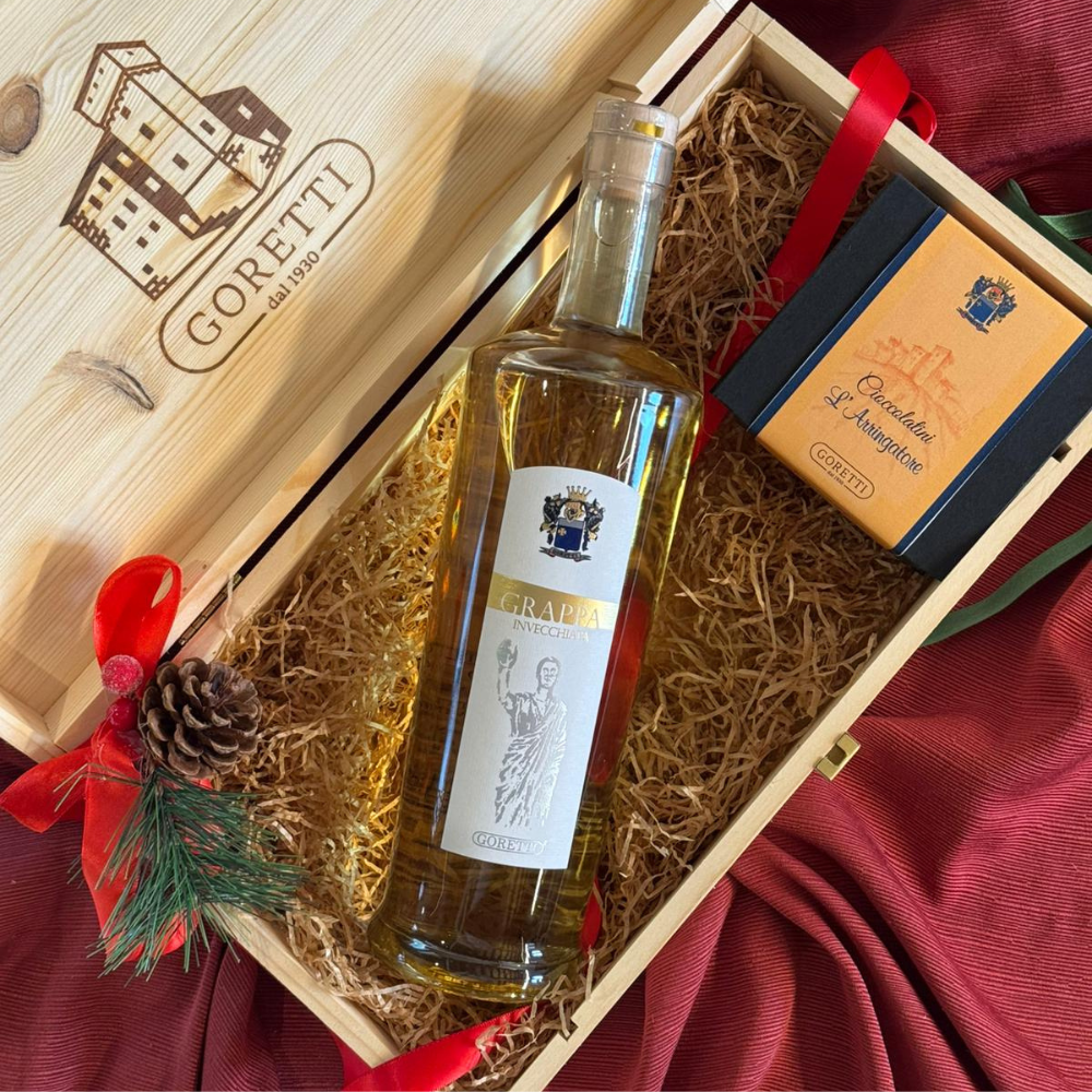 Confezione in legno: Grappa & Cioccolatini a L'Arringatore